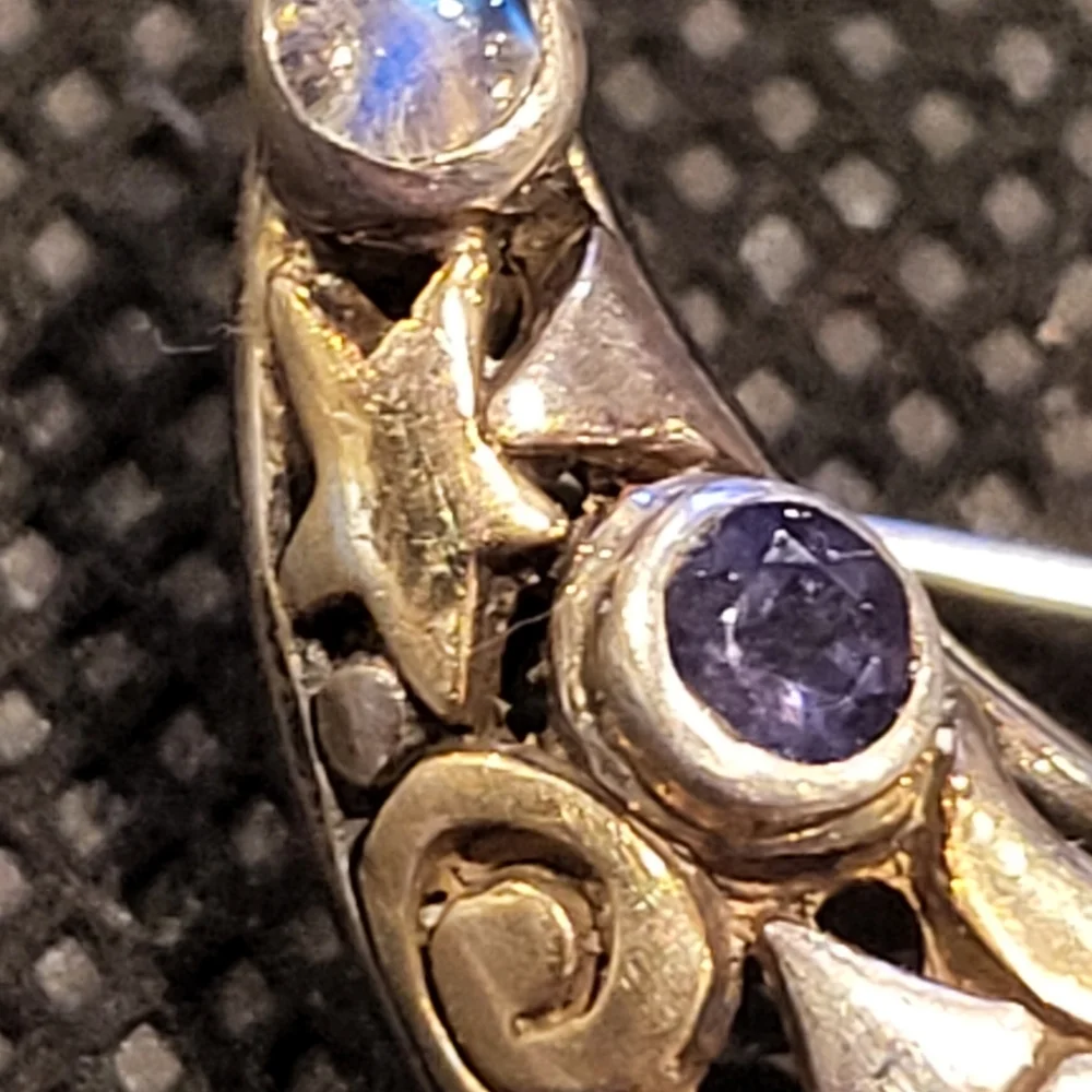 Crescent Moon & Stars Birthstone Sterling Silver Brooch